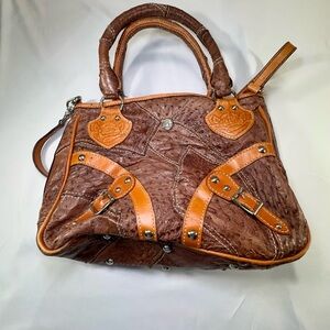Real Leather Western Tote Brown Ostrich Print Tooled Floral ShoulderBag Handmade